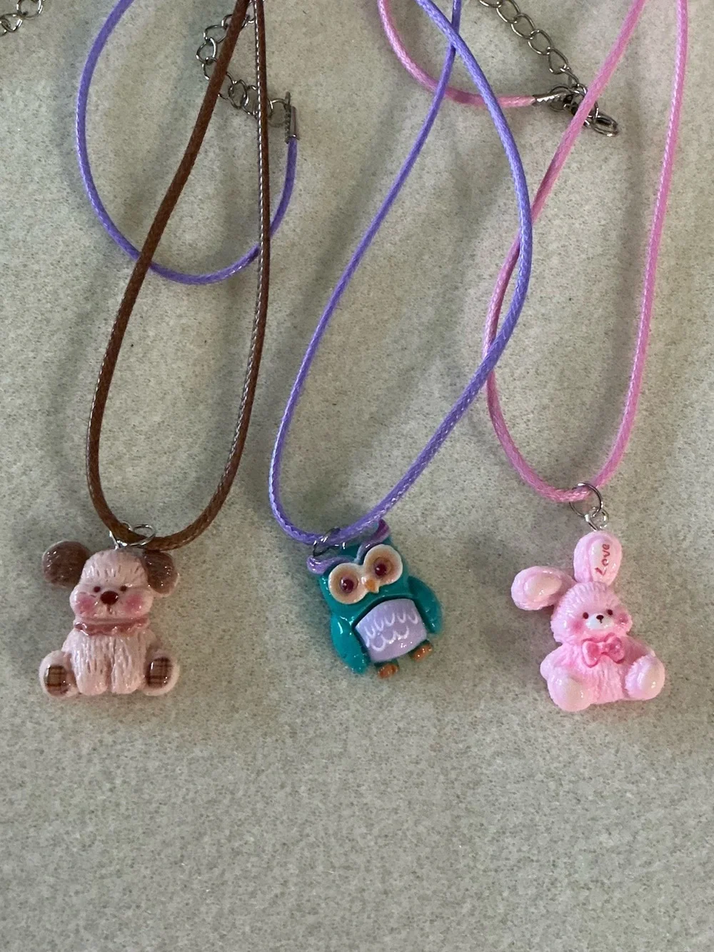 Animal Pendant Necklaces - Pink Bunny, Pink Bear, Teal Owl